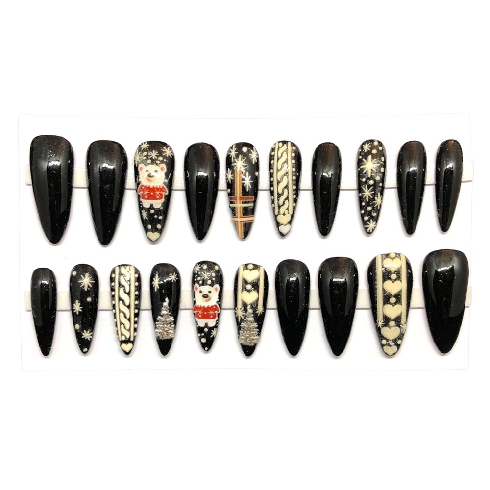 Handmade Press On Nails Custom Long Nails Almond Shape Black Christmas Nails - Picture 7 of 9